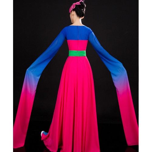 Women's chinese folk dance dresses royal blue with pink ancient traditional yangko fan umbrella dance costumes dresses